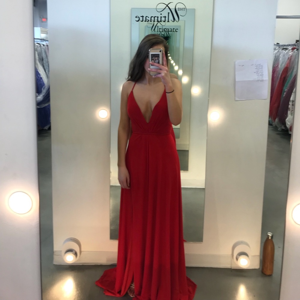 Red plunge prom dress